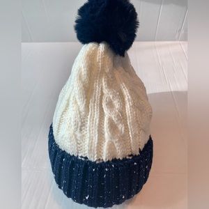 Womens Winter Warm Hats Knitted Faux Fur Pom Pom Bobble Beanie white and blue